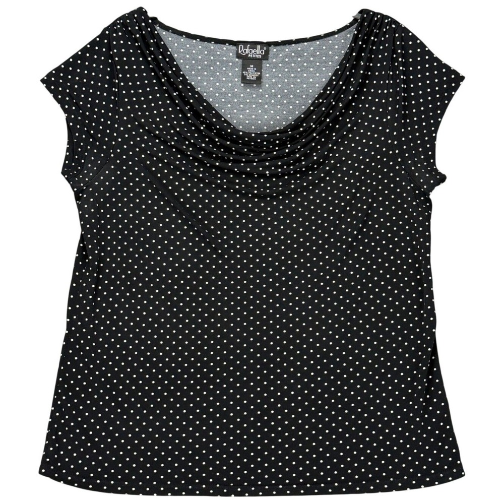 Rafaella Petites Women's Size M Black White Polka Dot Top Cowl Neck Cap Sleeve